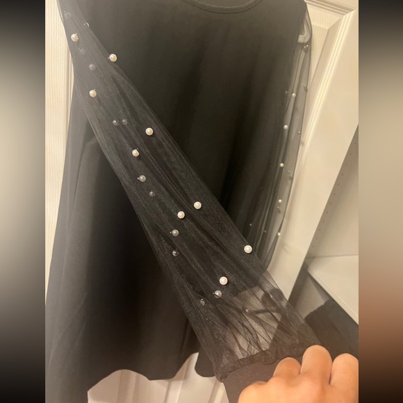 Long sleeve dress with pearls on sheer sleeves. - Picture 4 of 4